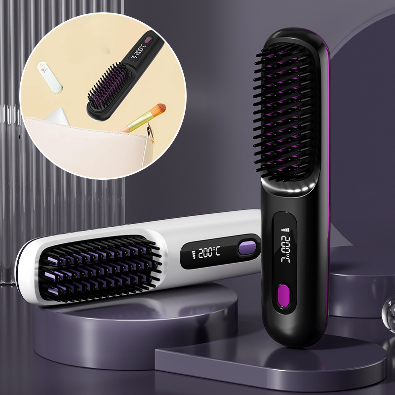 Ceramic Heated Cordless Portable Curling Straightening Brush