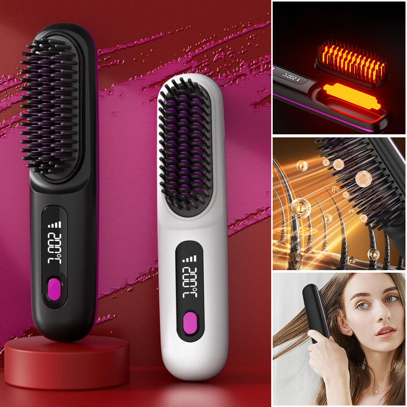 Ceramic Heated Cordless Portable Curling Straightening Brush