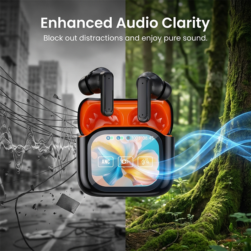 Bluetooth Noise-Cancelling Earbuds with Color Touchscreen